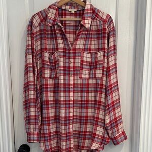 Pilcro Plaid Button-Down Shirt in Red, Blue and Pink